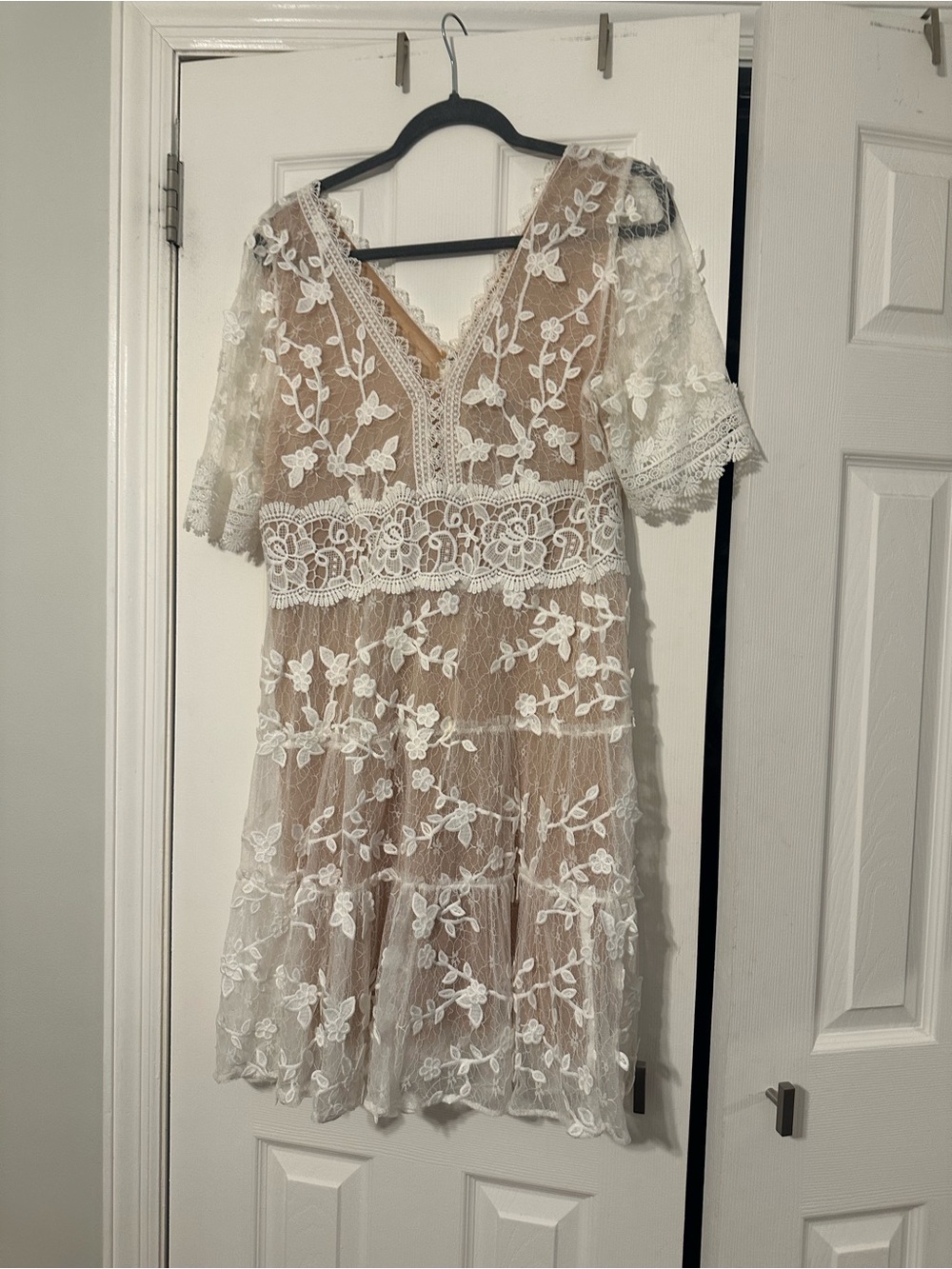 Adrianna Papell Ivory Floral Lace Midi Dress with Nude Slip